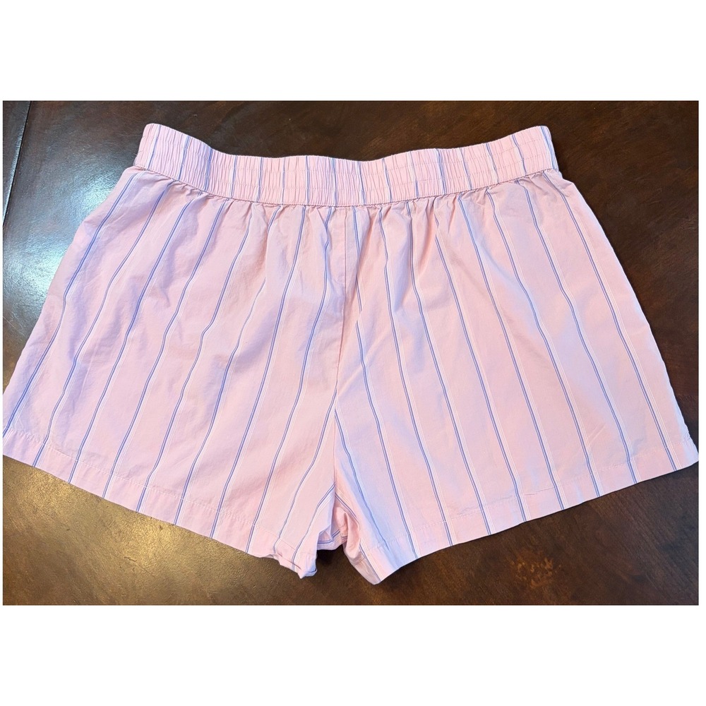 Womens Pink Blue Striped Cotton Shorts Elastic Waist‎ Casual Size L